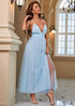 Boho Blue Backless Split Thigh Mesh Maxi Dress